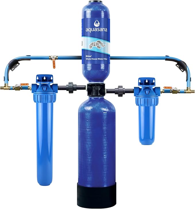 Aquasana Rhino whole house water filtration system featuring a blue main tank with two pre-filter canisters on either side, connected by blue pipes for complete home water purification